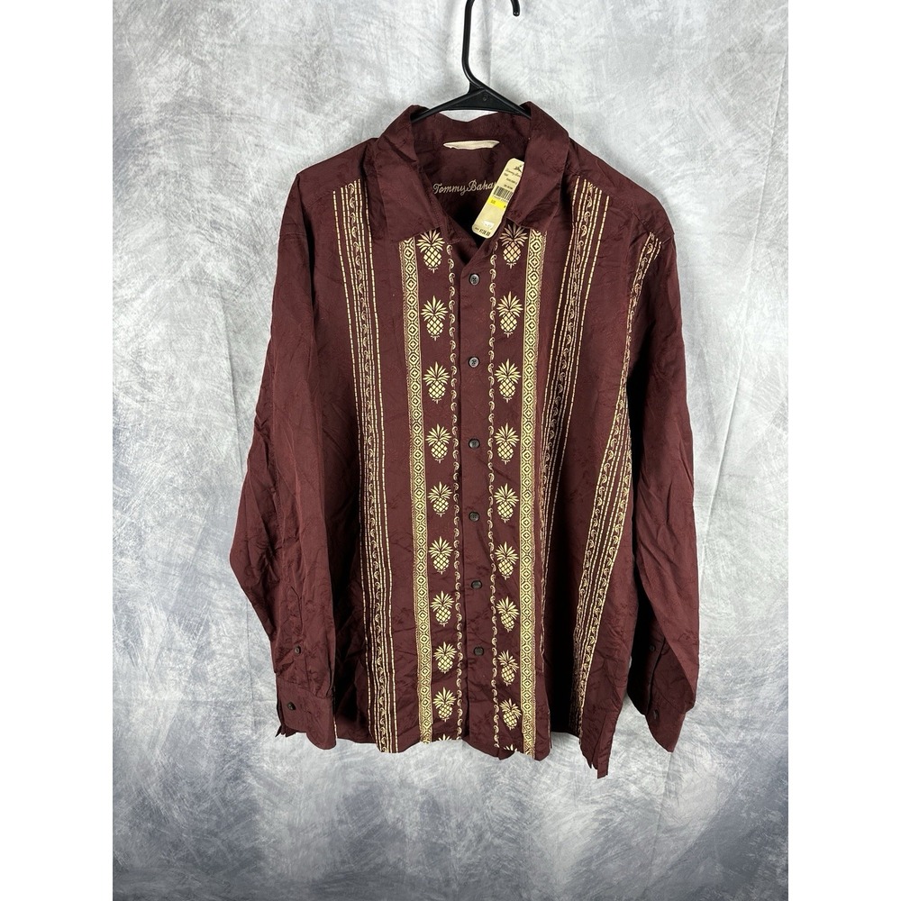 Tommy Bahama Guayabera Shirt Men's M Maroon Embroidered Silk Cotton L/S New